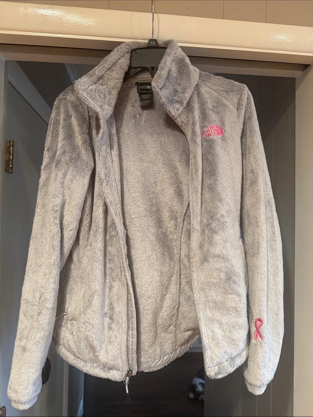 The North Face Light Gray Plush Full-Zip Jacket with Pink Accents